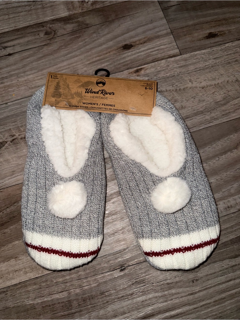WindRiver Women's Gray Plush Lined Slipper Socks with Pom Poms